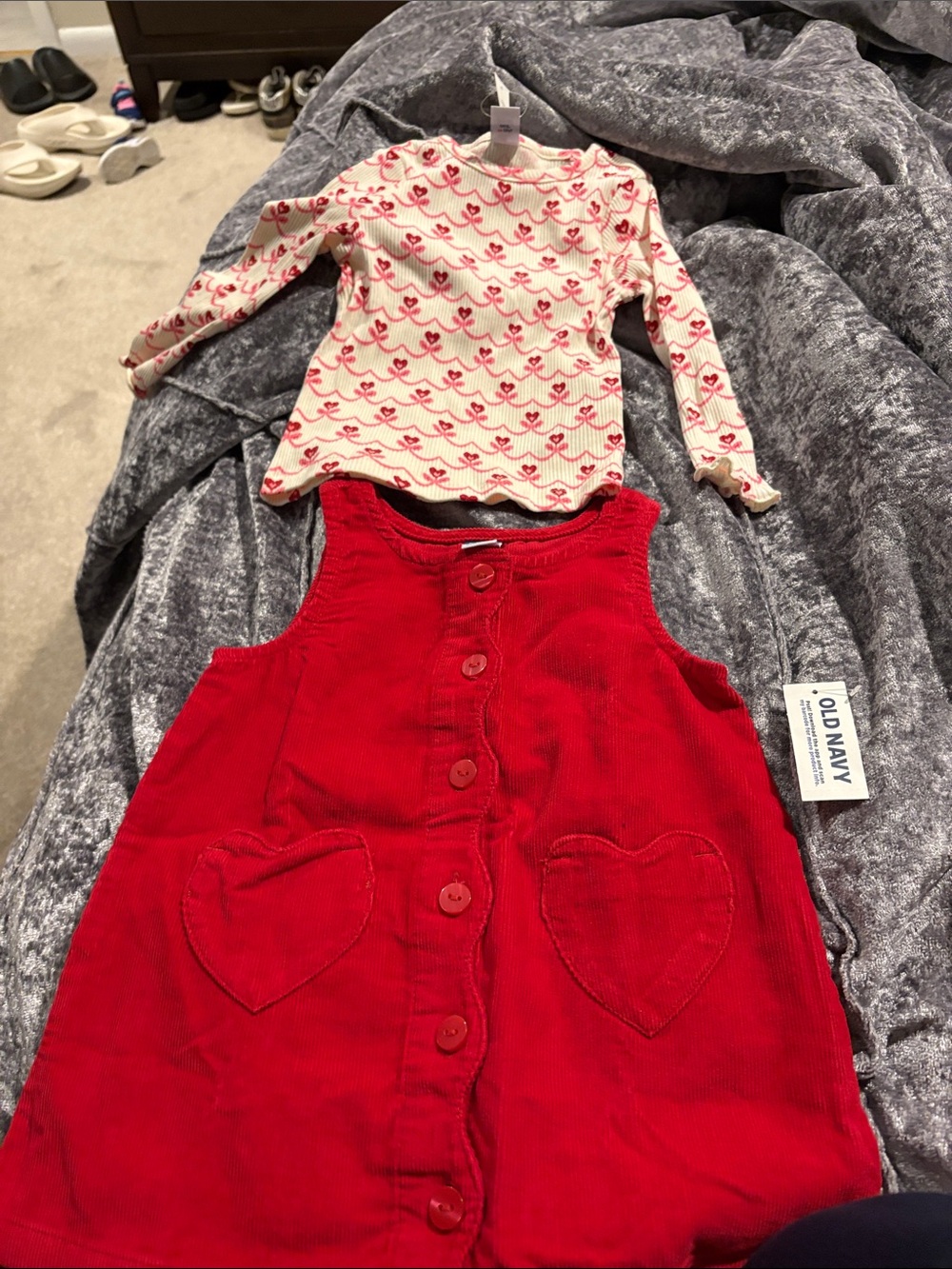Old Navy Red Corduroy Pinafore Dress with Cream Heart-Print Top